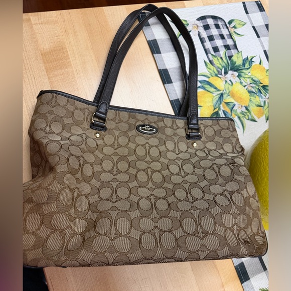 Coach Handbags - Coach Brown Signature Jacquard Tote with Dark Brown Leather Handles